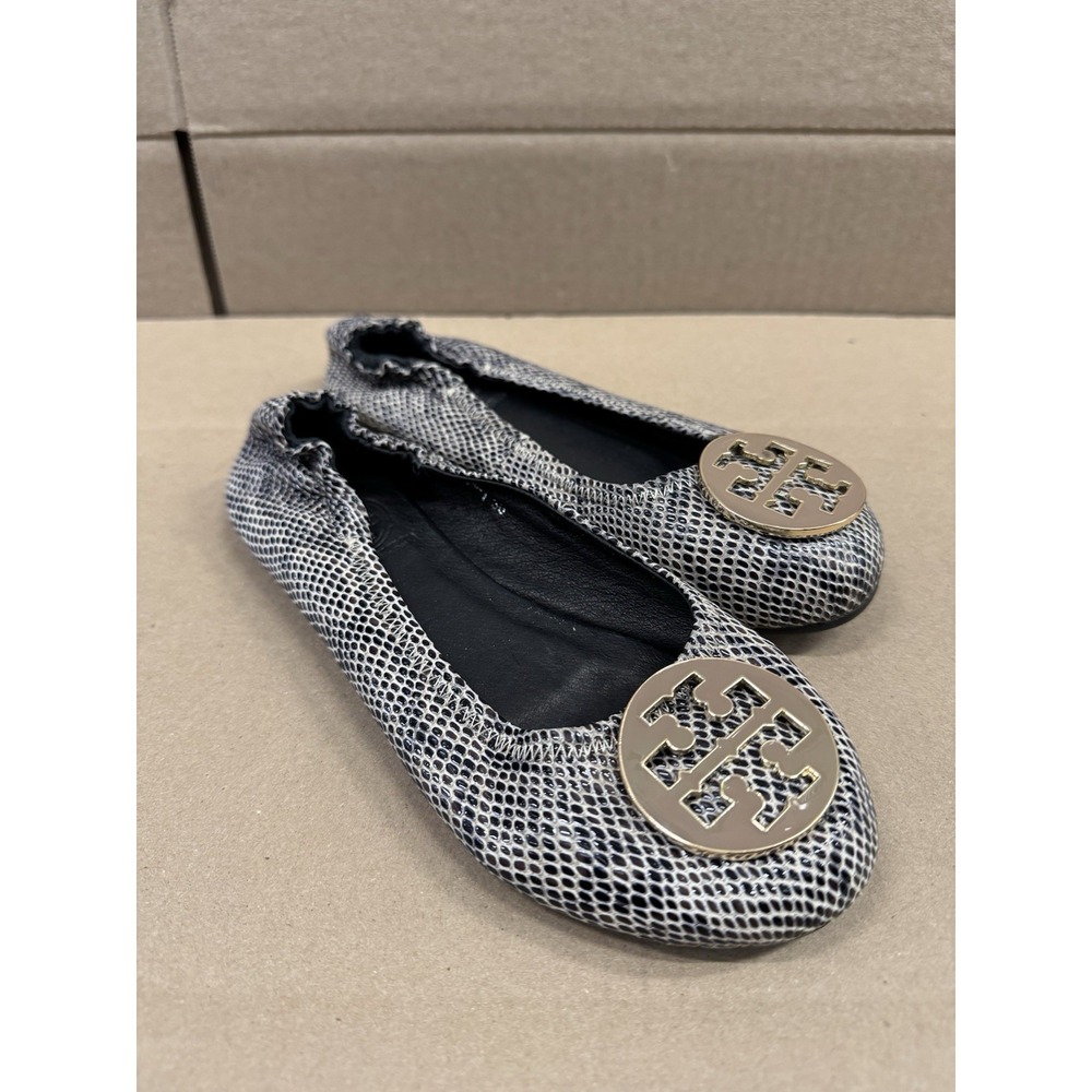 Tory‎ Burch Reva Snake Skin Ballet Flats Leather Shoes Gold Logo Size 5.5 US 36